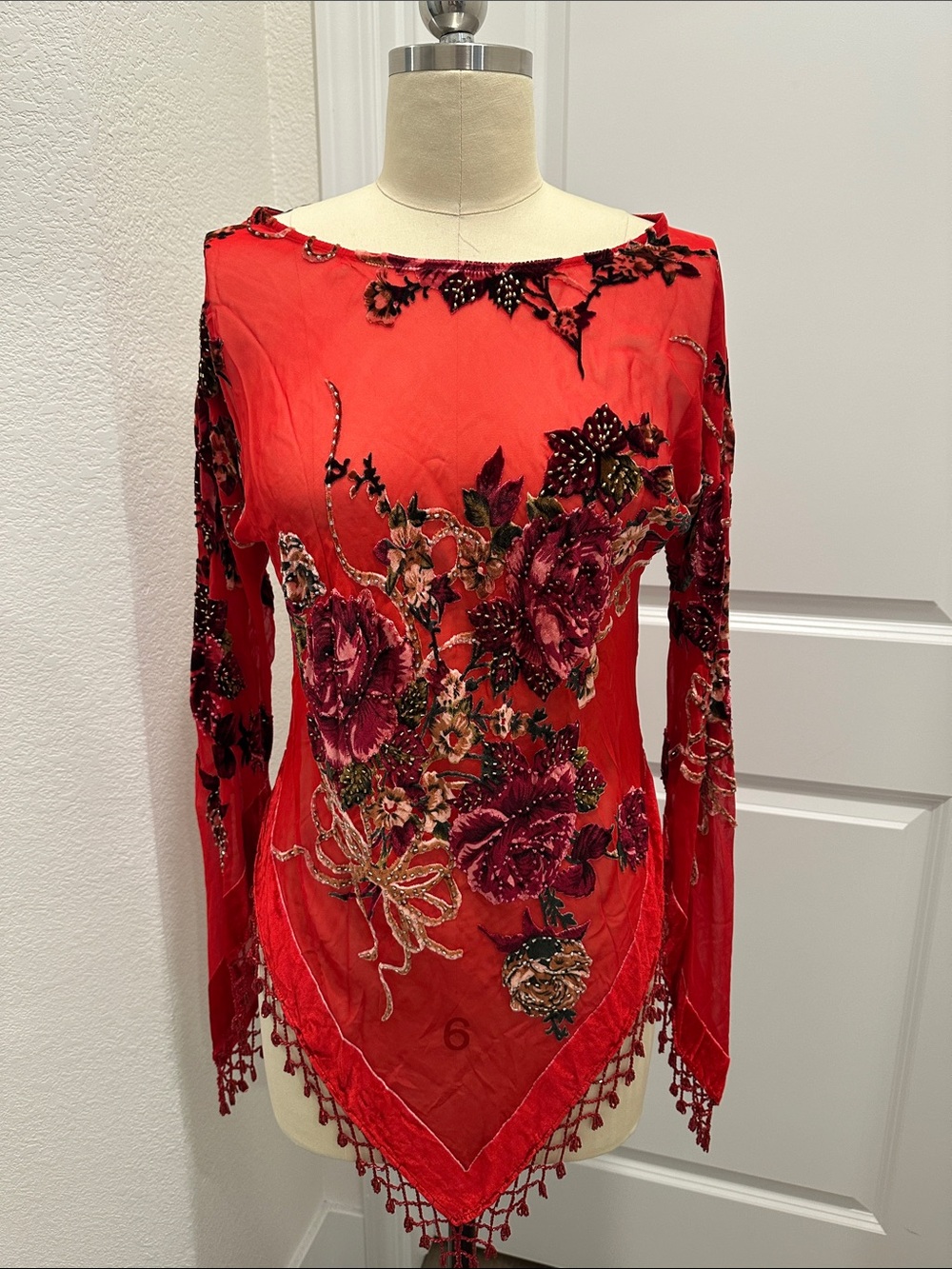 Burn out velvet red long sleeve euro silk handmade beaded boho festival